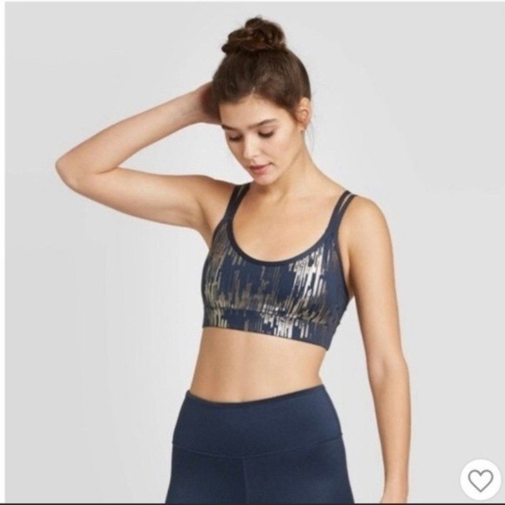 JoyLab Navy Blue Silver Metallic Strappy Back Medium‎ Impact Sports Bra